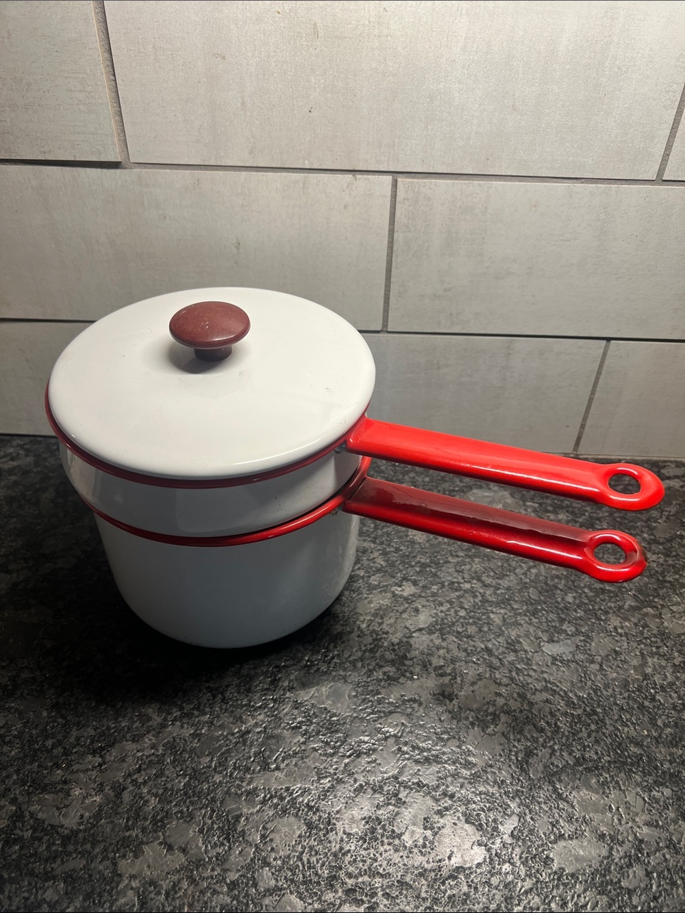 Vintage White and Red Double Saucepan Set with Lid - Classic Enamel Finish